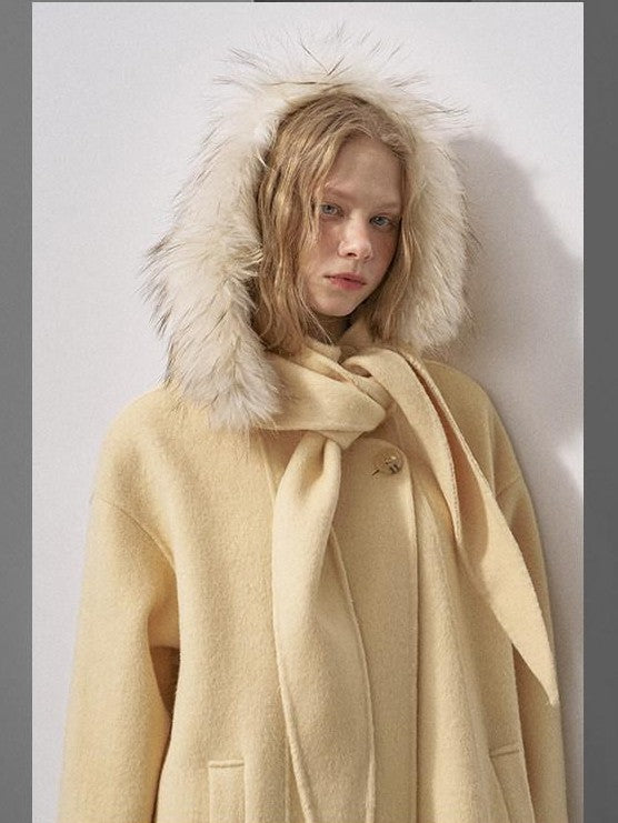 DIDDI MODA Vintage Detachable Fur Collar Hooded Double Faced Mid Length Women&