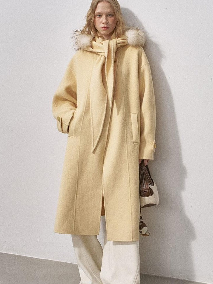 DIDDI MODA Vintage Detachable Fur Collar Hooded Double Faced Mid Length Women&