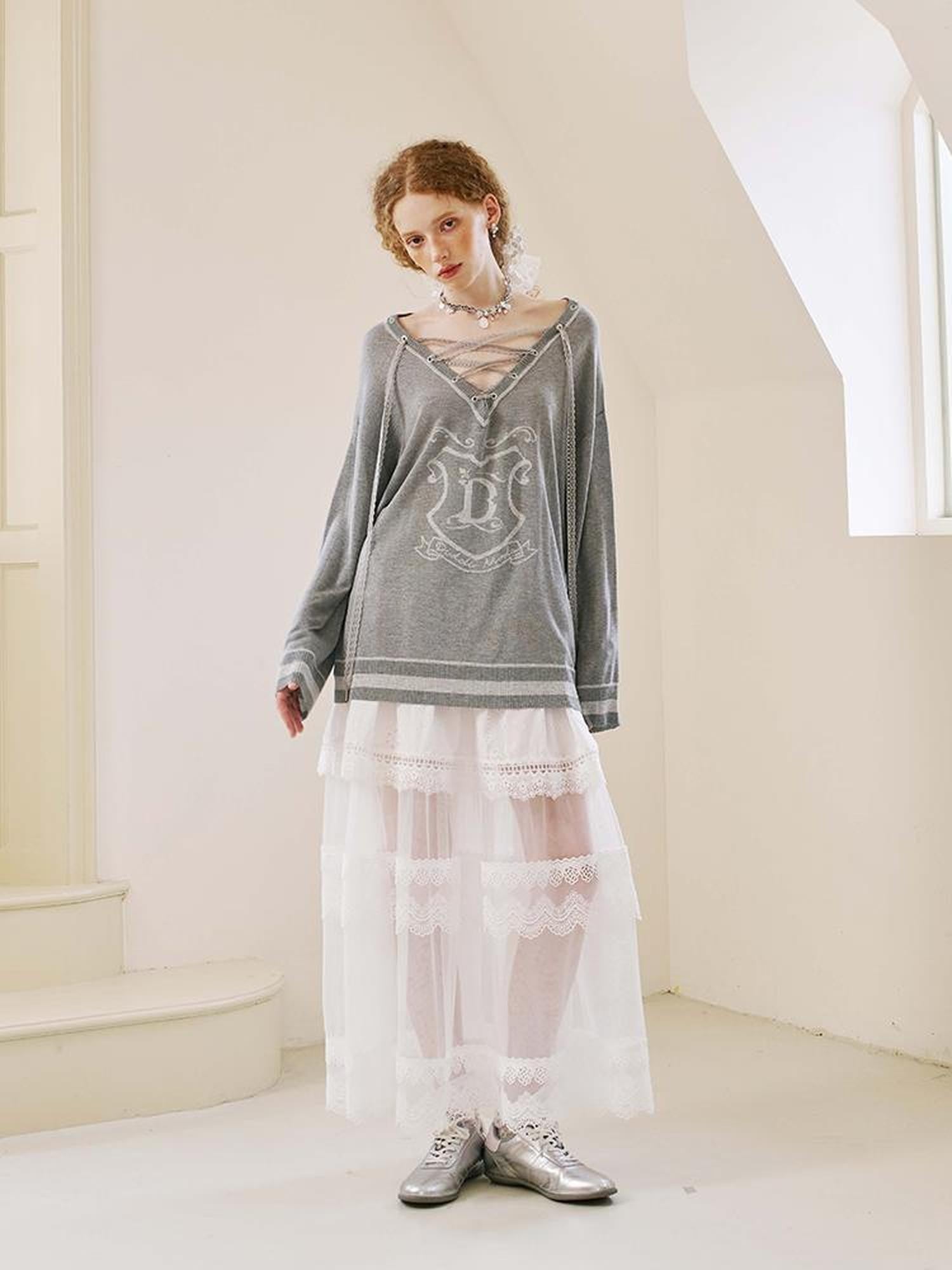 DIDDI MODA Vintage Layered Lace Drawstring V-neck Women&
