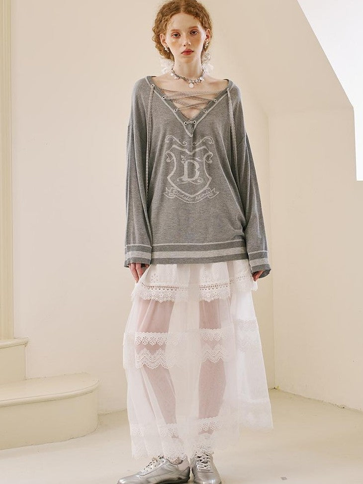 DIDDI MODA Vintage Layered Lace Drawstring V-neck Women&