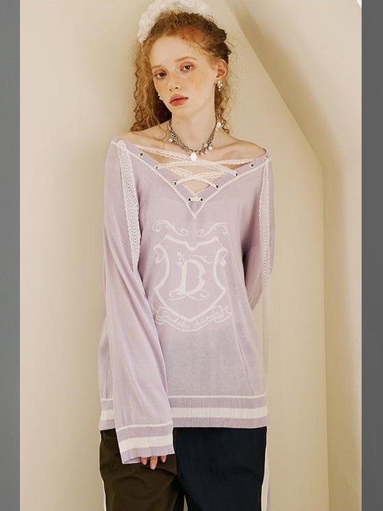 DIDDI MODA Vintage Layered Lace Drawstring V-neck Women&