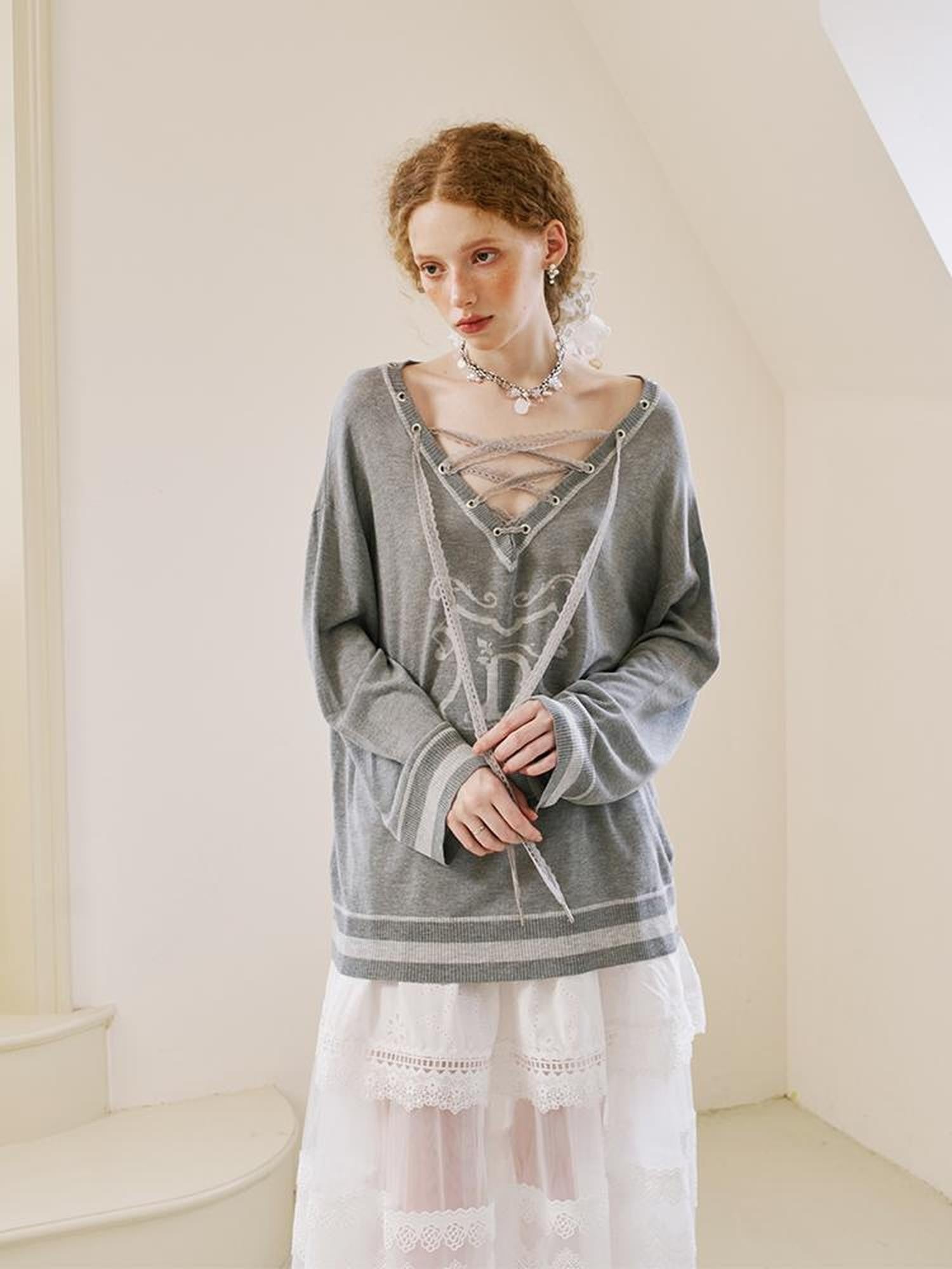 DIDDI MODA Vintage Layered Lace Drawstring V-neck Women&