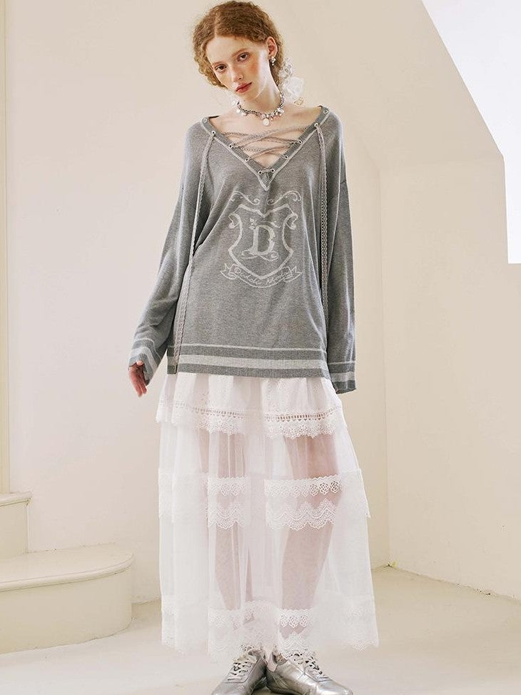 DIDDI MODA Vintage Layered Lace Drawstring V-neck Women&