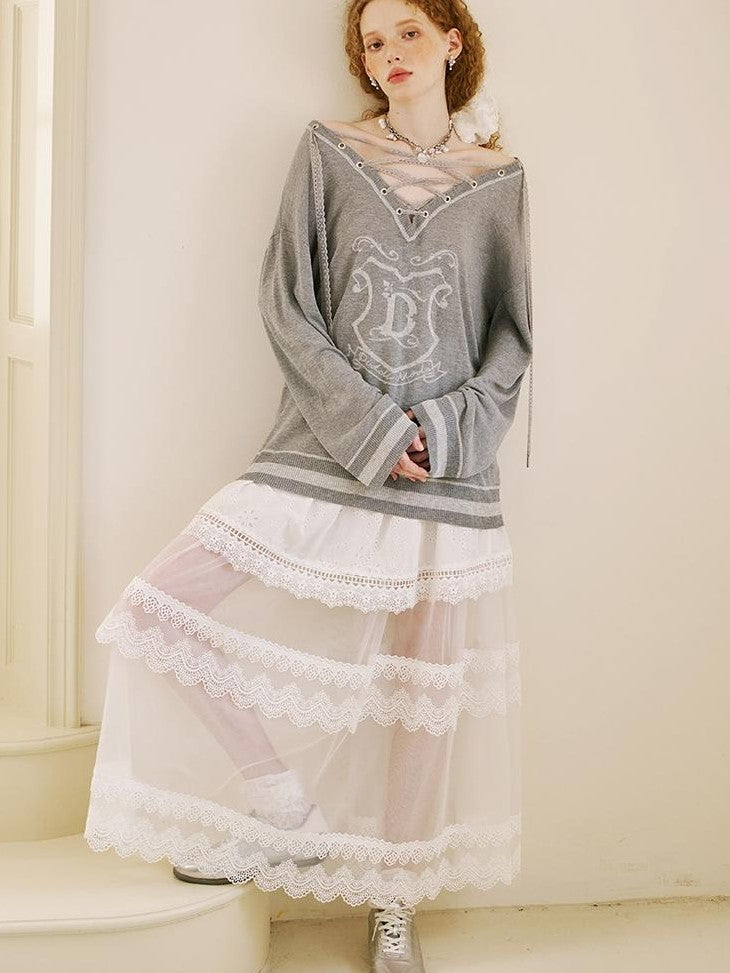 DIDDI MODA Vintage Layered Lace Drawstring V-neck Women&