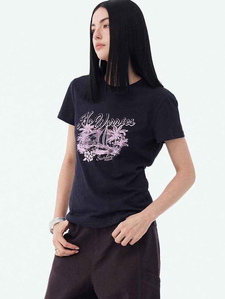 DIDDI MODA Vintage Palm Distressed Printed Crew Neck Women&
