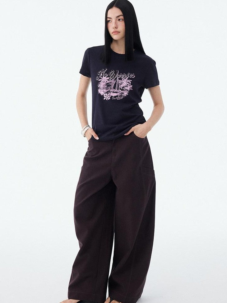 DIDDI MODA Vintage Palm Distressed Printed Crew Neck Women&