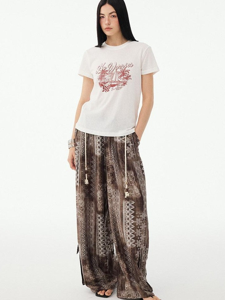 DIDDI MODA Vintage Palm Distressed Printed Crew Neck Women&