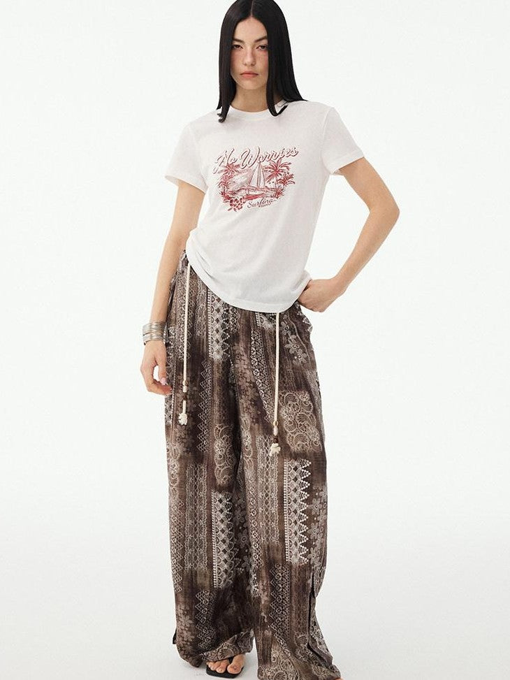 DIDDI MODA Vintage Palm Distressed Printed Crew Neck Women&
