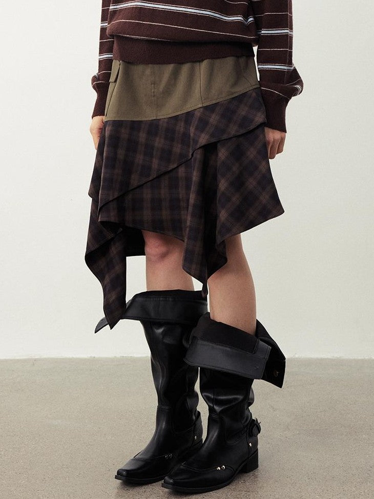 DIDDI MODA Vintage Plaid Spliced Asymmetric Women&