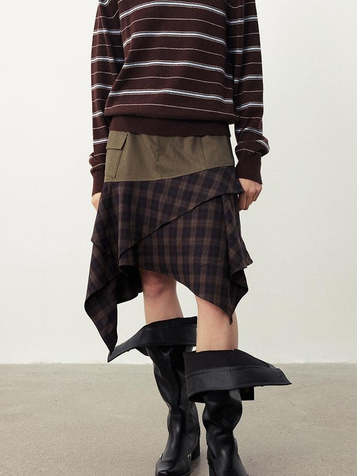 DIDDI MODA Vintage Plaid Spliced Asymmetric Women&