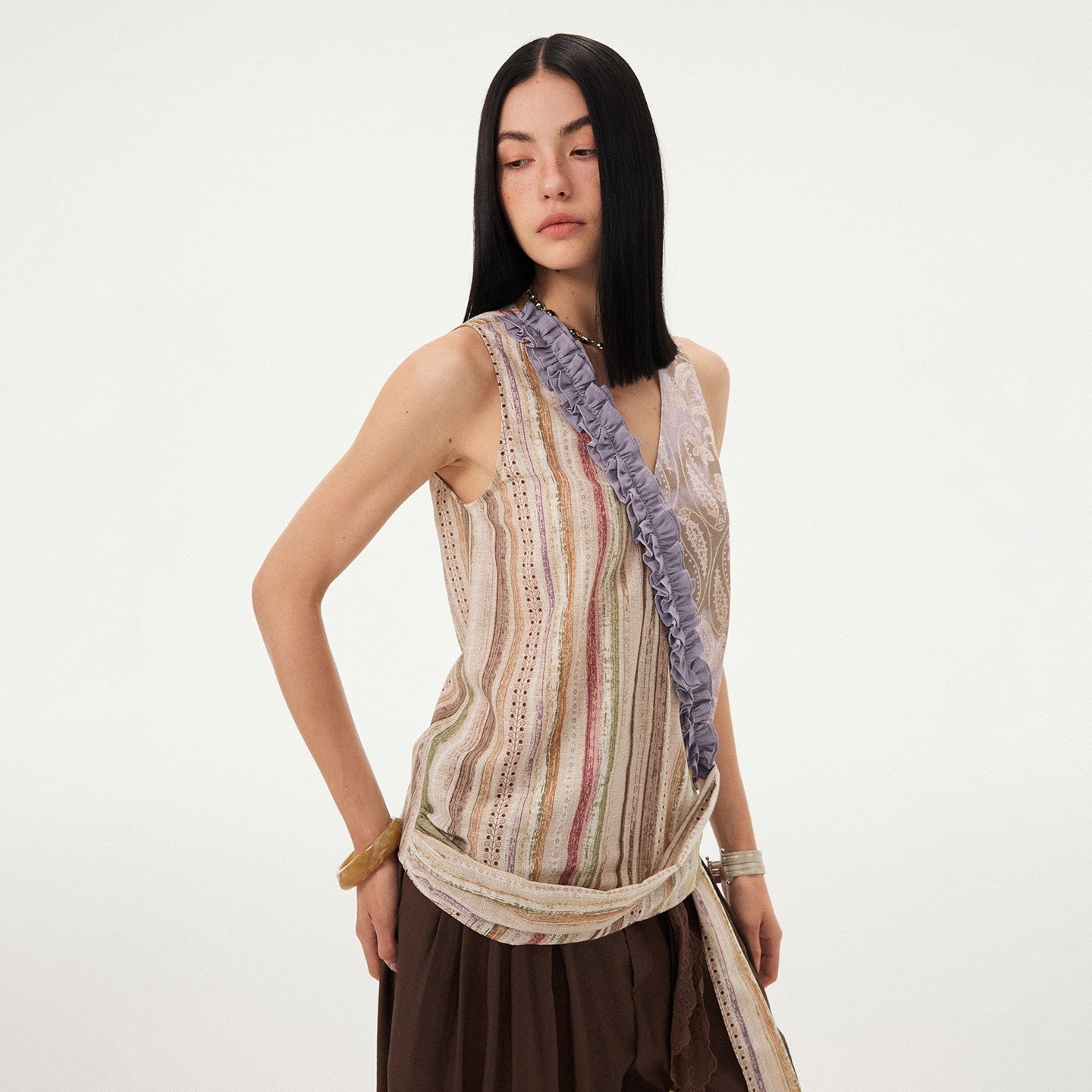 DIDDI_MODA_Vintage_Striped_Printed_Asymmetrical_V-neck_Lace_Trim_Women&