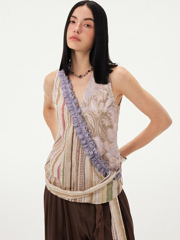 DIDDI MODA Vintage Striped Printed Asymmetrical V-neck Lace Trim Women&
