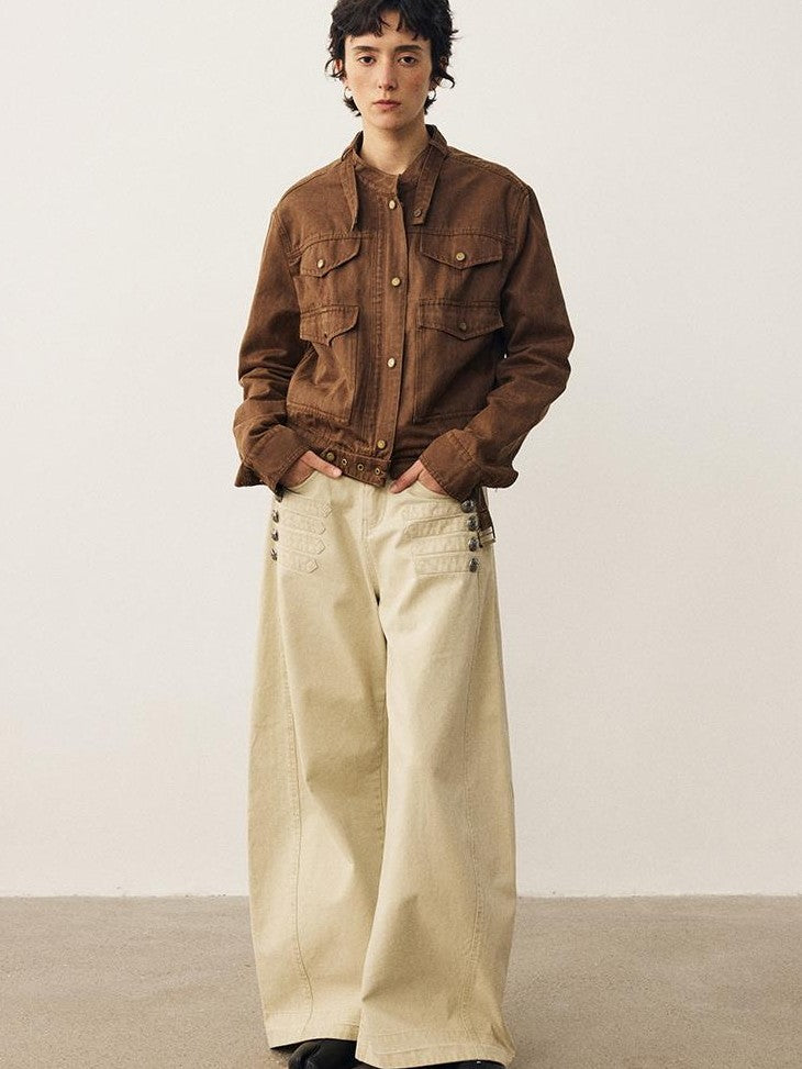 DIDDI MODA Vintage Wash Loose Fit Stand Collar Pockets Cropped Women&