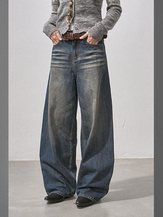 DIDDI MODA Washed Blue Seamless Curved Cut Whisker Distressed Women&