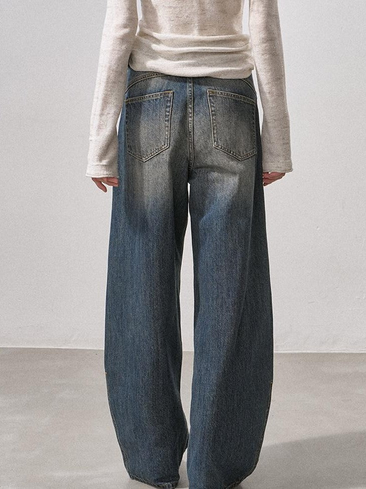 DIDDI MODA Washed Blue Seamless Curved Cut Whisker Distressed Women&