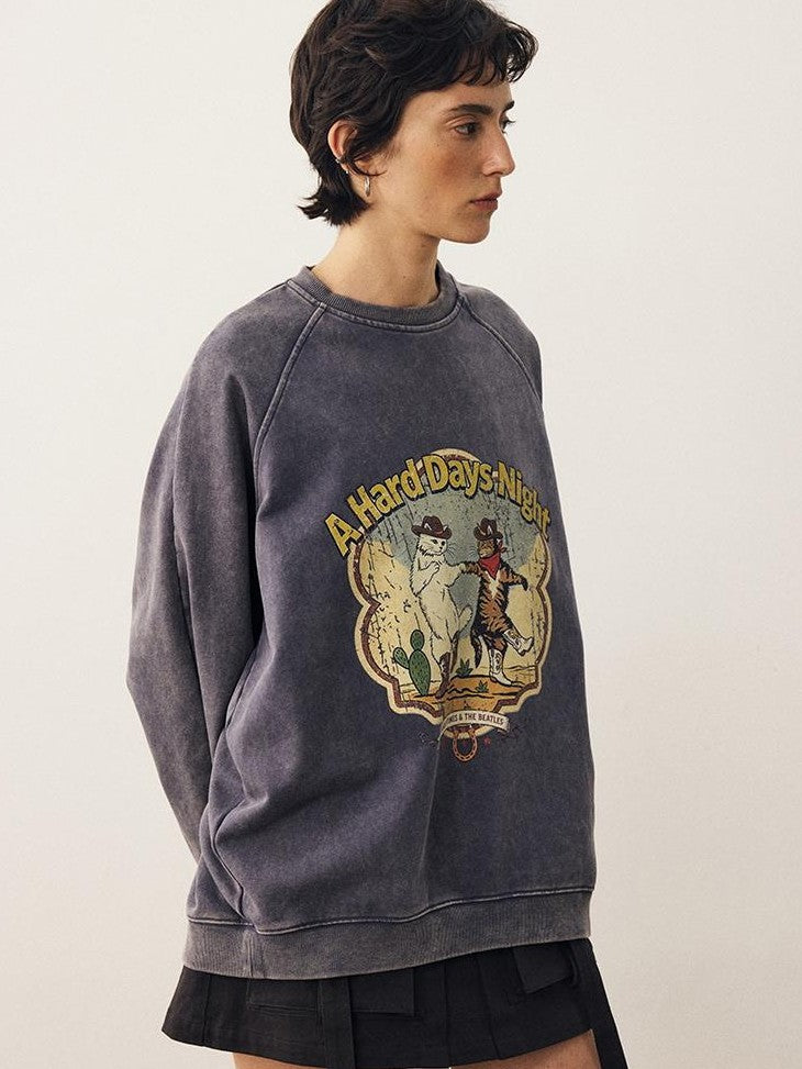 DIDDI MODA Washed Dancing Cat Print Raglan Oversized Women&