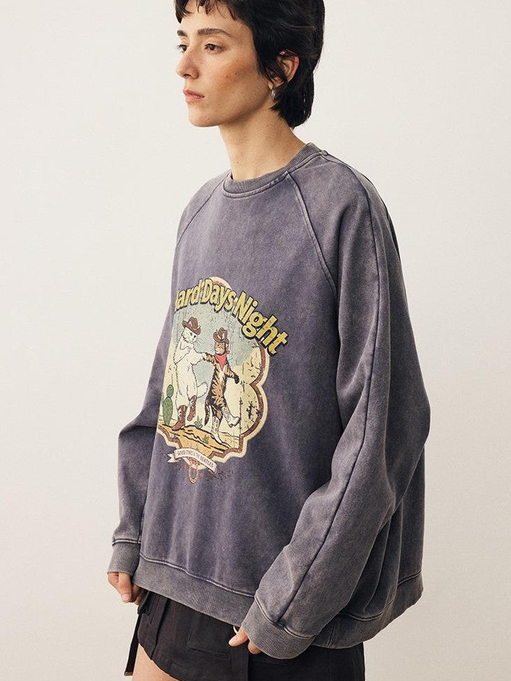 DIDDI MODA Washed Dancing Cat Print Raglan Oversized Women&