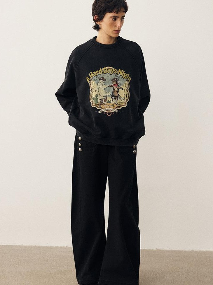 DIDDI MODA Washed Dancing Cat Print Raglan Oversized Women&