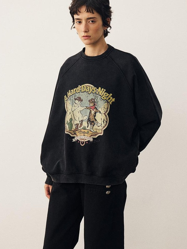 DIDDI MODA Washed Dancing Cat Print Raglan Oversized Women&