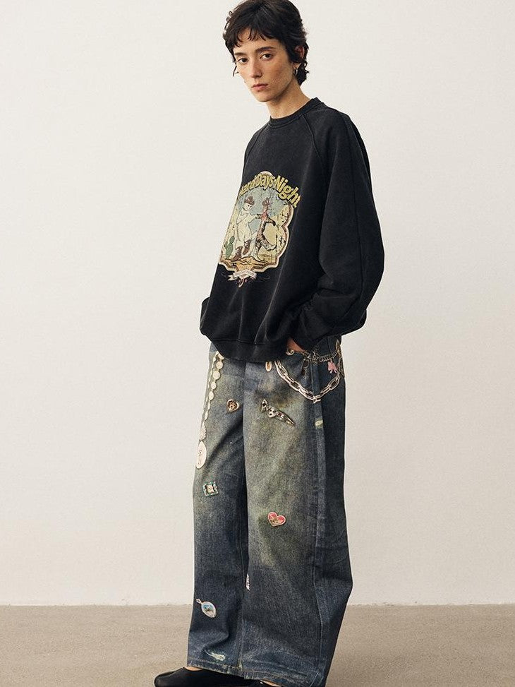 DIDDI MODA Washed Dancing Cat Print Raglan Oversized Women&