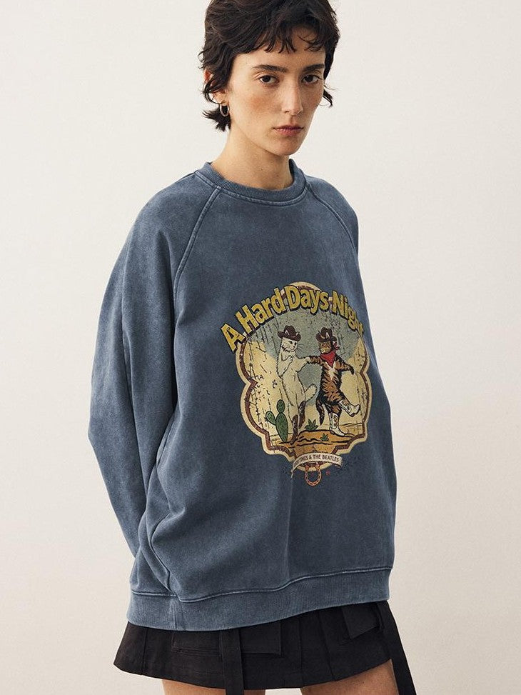DIDDI MODA Washed Dancing Cat Print Raglan Oversized Women&