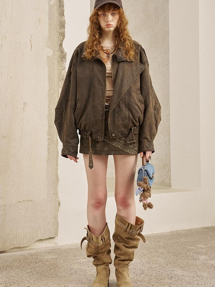 DIDDI MODA Washed Denim Leather Collar Relaxed Women&