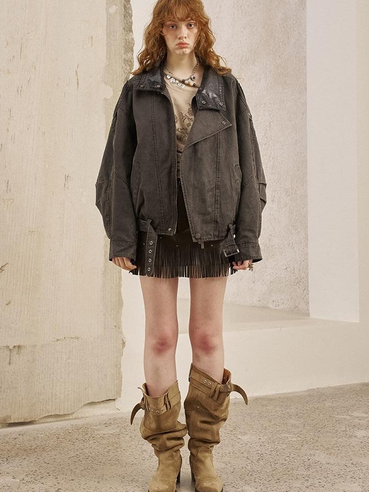 DIDDI MODA Washed Denim Leather Collar Relaxed Women&