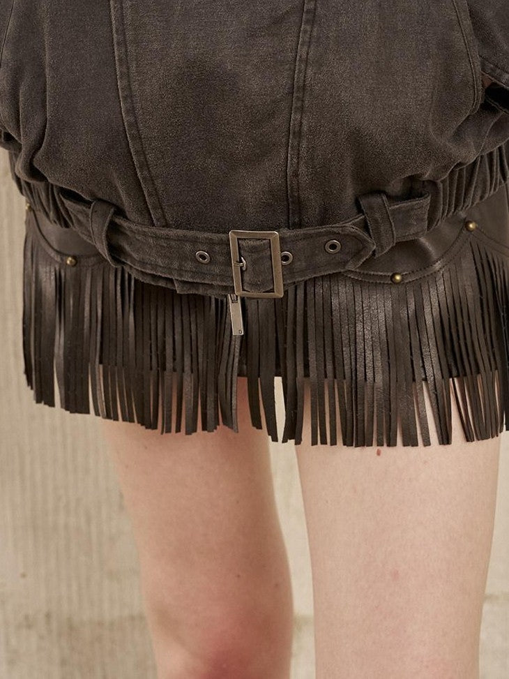 DIDDI MODA Washed Denim Leather Collar Relaxed Women&