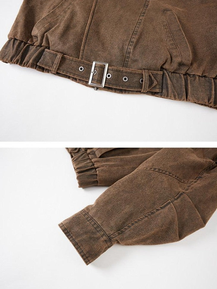 DIDDI MODA Washed Denim Leather Collar Relaxed Women&