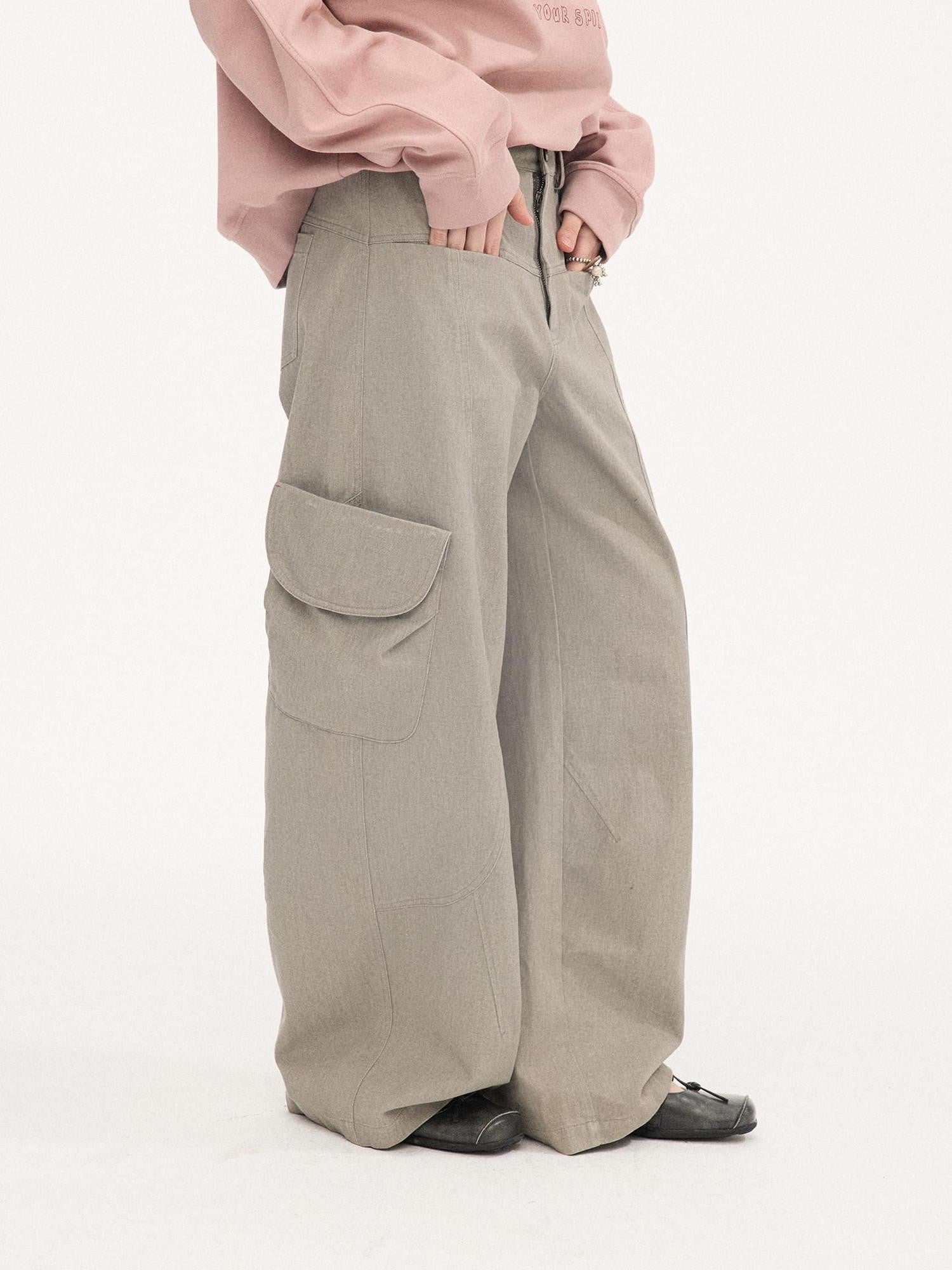 DIDDI MODA Washed Gray Green Vintage Pocket Wide Leg Natural Waist Women&