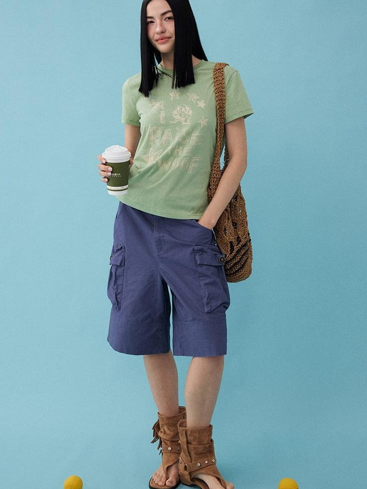 DIDDI MODA Washed Khaki Distressed Multi Pocket High Waist Straight Women&