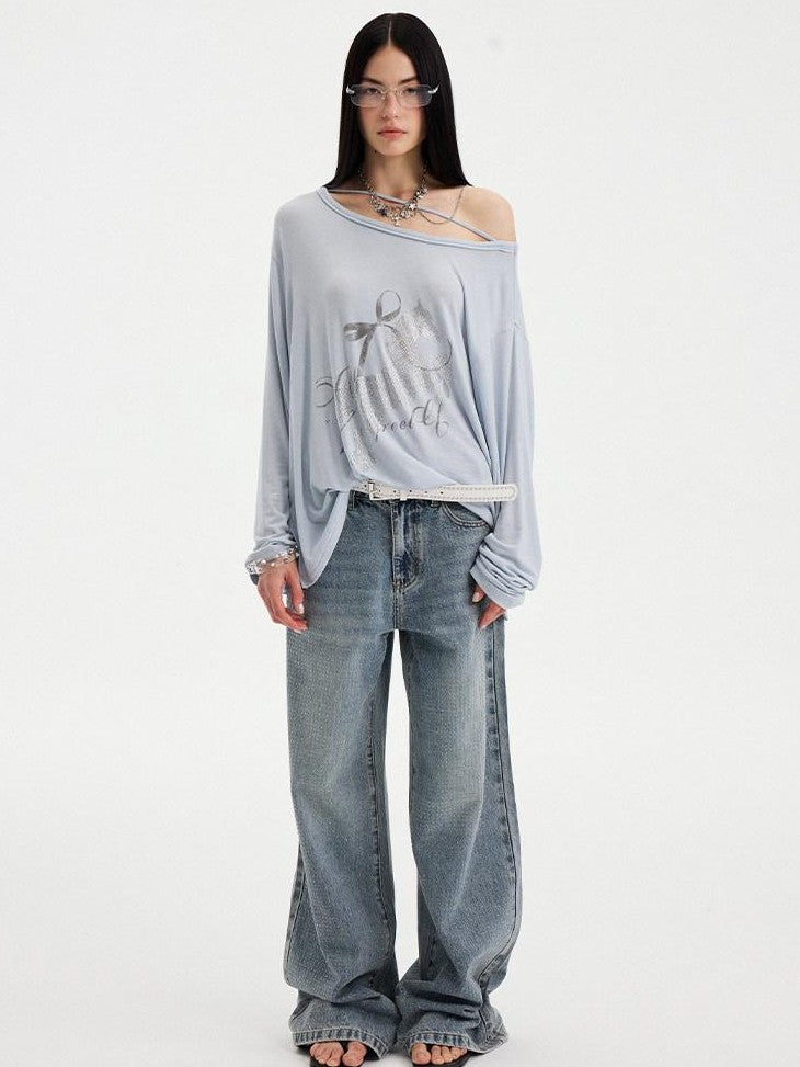 DIDDI MODA Washed Letter Rhinestone Slanted Shoulder Loose Women&
