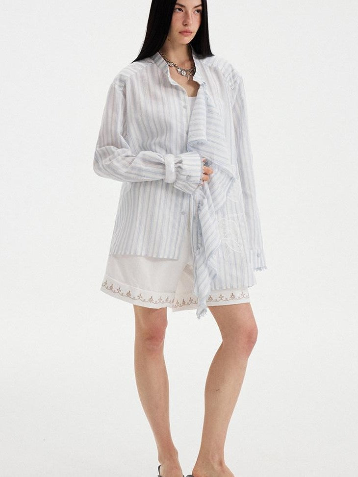 DIDDI MODA Wavy Placket Lace Applique Asymmetric Women&