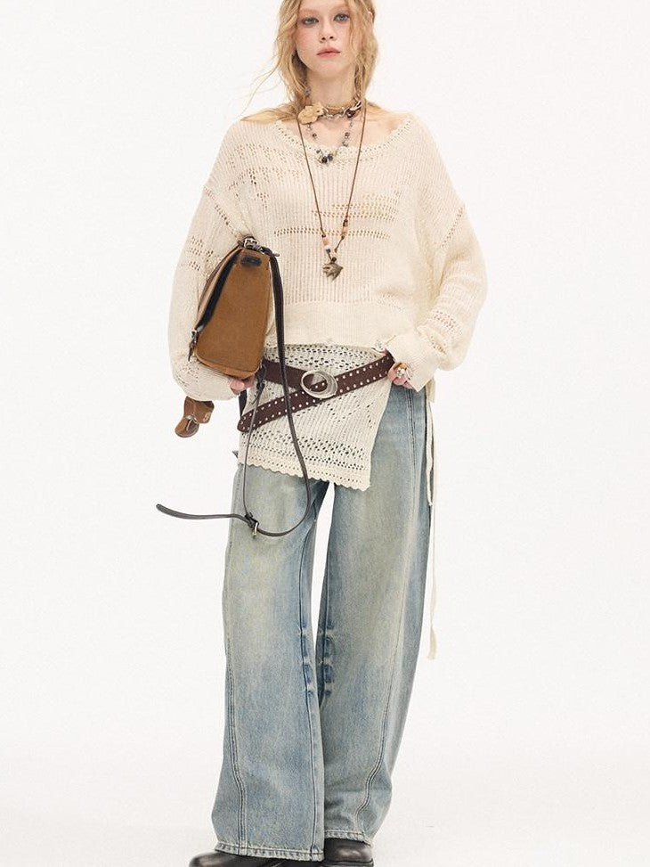 DIDDI MODA Whisker Split Curved Cut Natural Waist Relaxed Women&