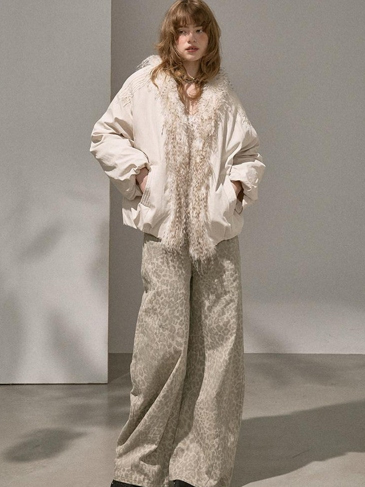DIDDI MODA White Embroidered Fur Collar Drop Shoulder Women&