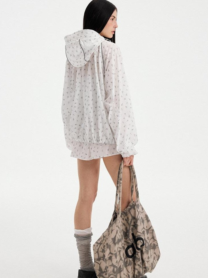 DIDDI MODA White Floral Drawstring Colorblock Loose Uv Women&