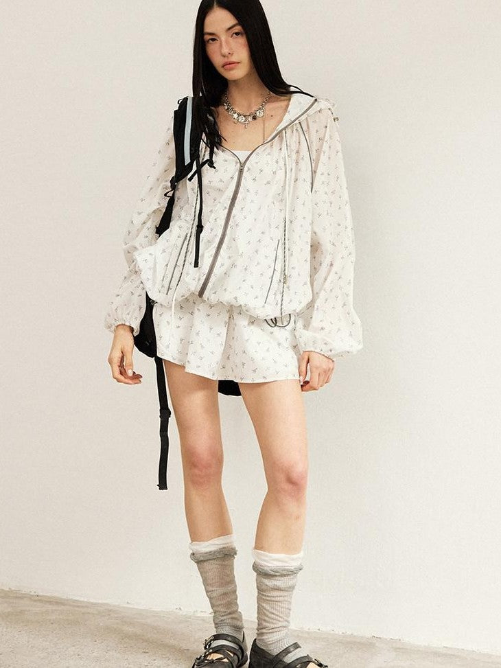 DIDDI MODA White Floral Drawstring Colorblock Loose Uv Women&