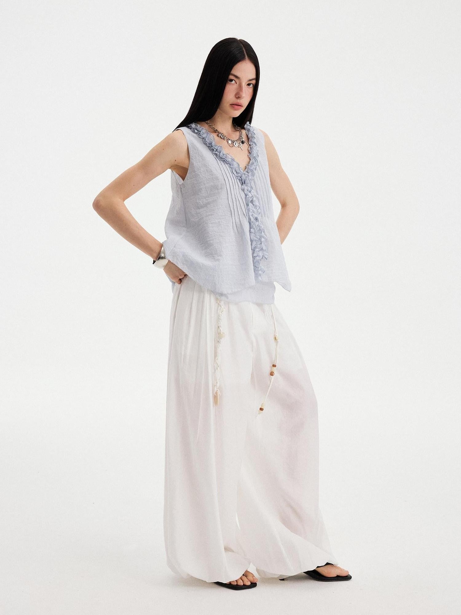 DIDDI MODA White Pleated High Waist Drawstring Balloon Women&