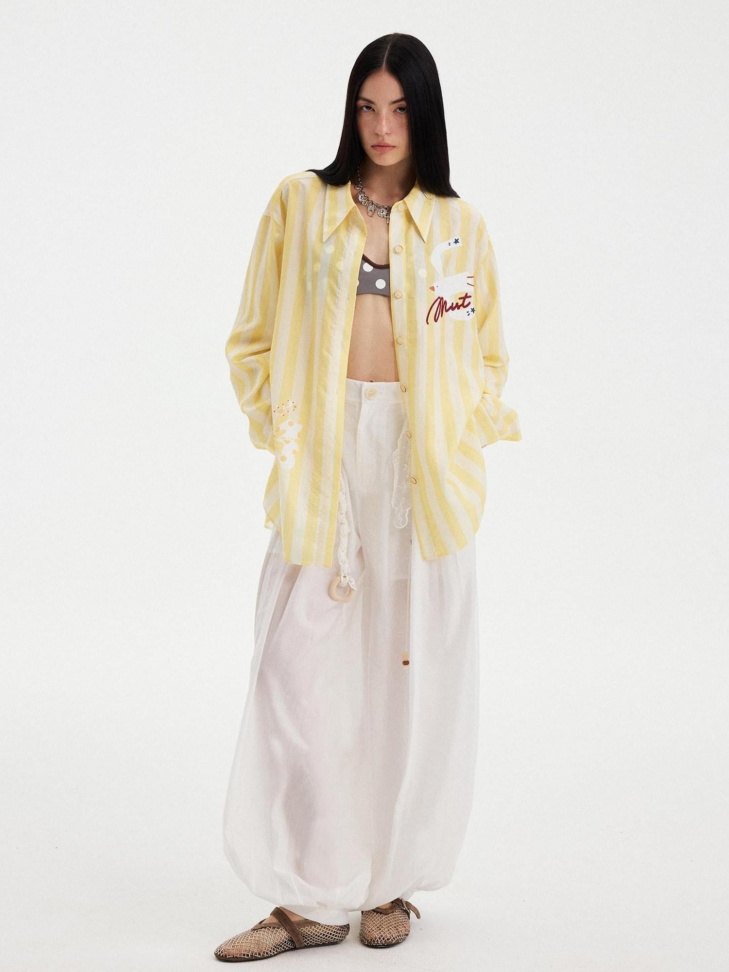 DIDDI MODA Yellow White Striped Floral Bird Print Long Sleeve Collared Women&