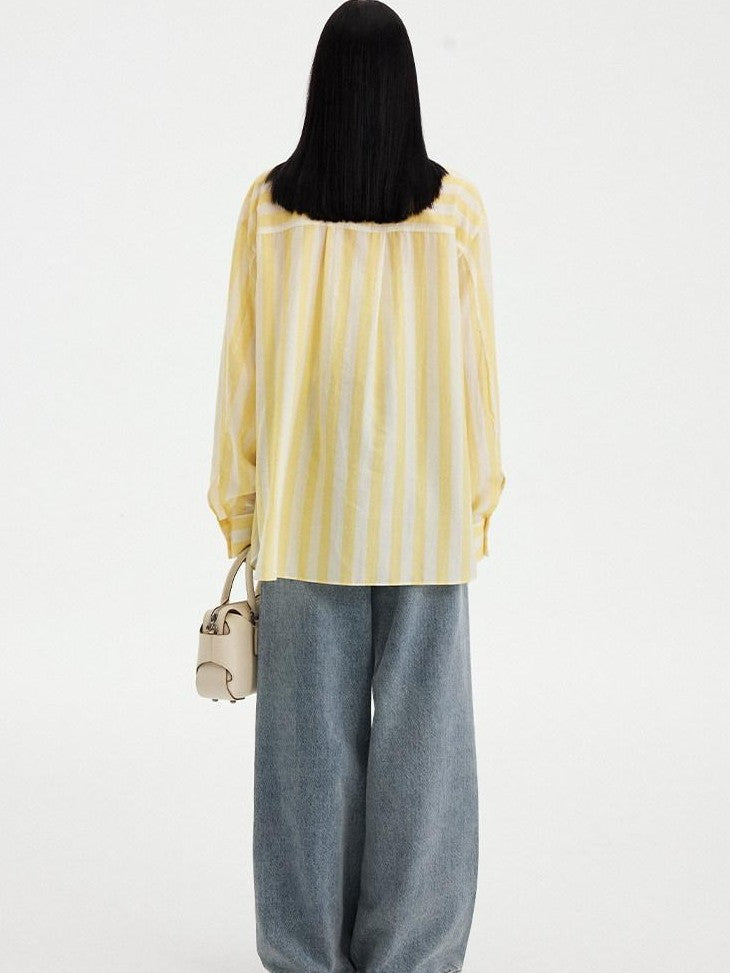 DIDDI MODA Yellow White Striped Floral Bird Print Long Sleeve Collared Women&