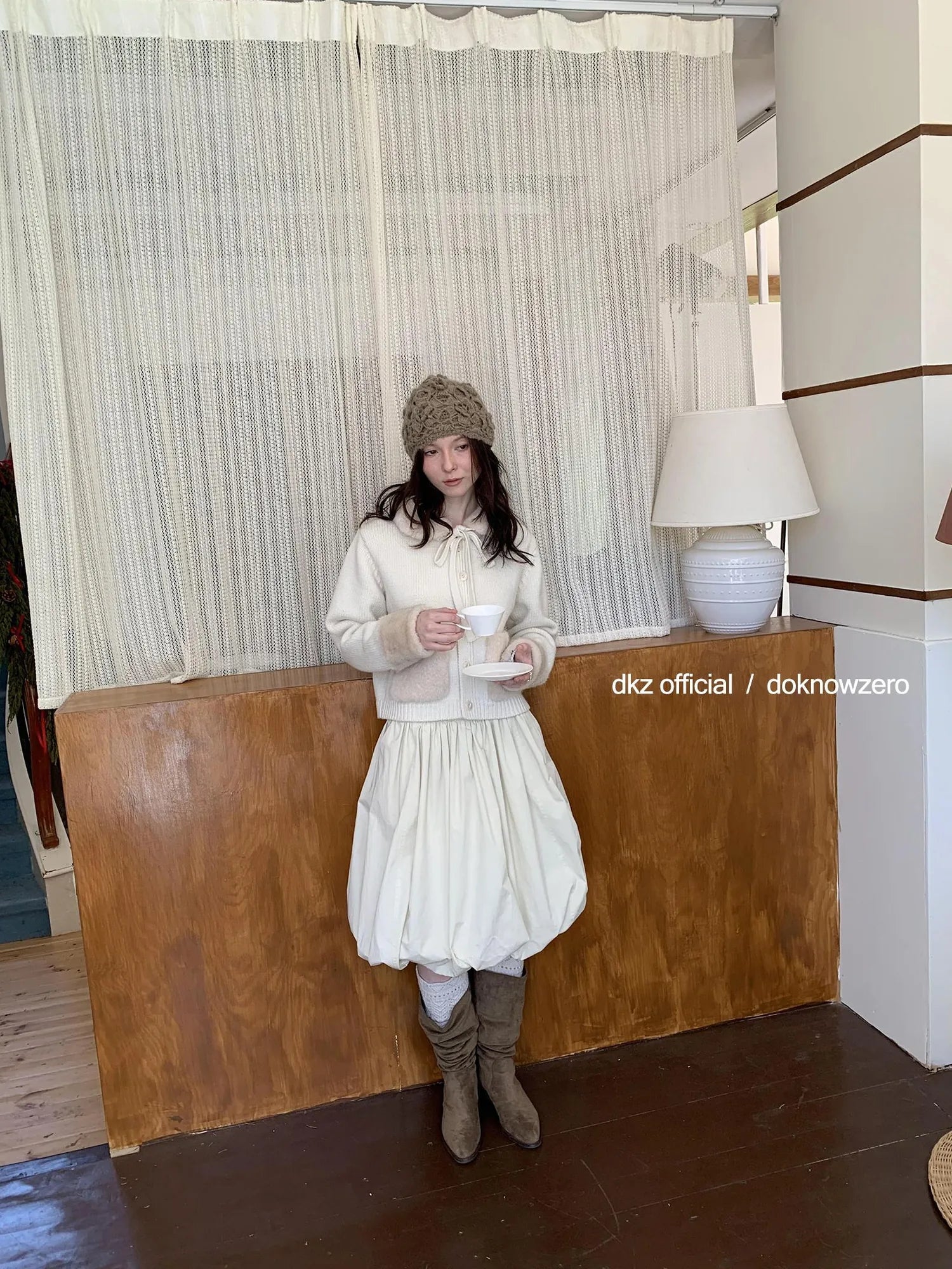 DKZ OFFICIAL A Line Apricot Waist Flaring Midi Skirt