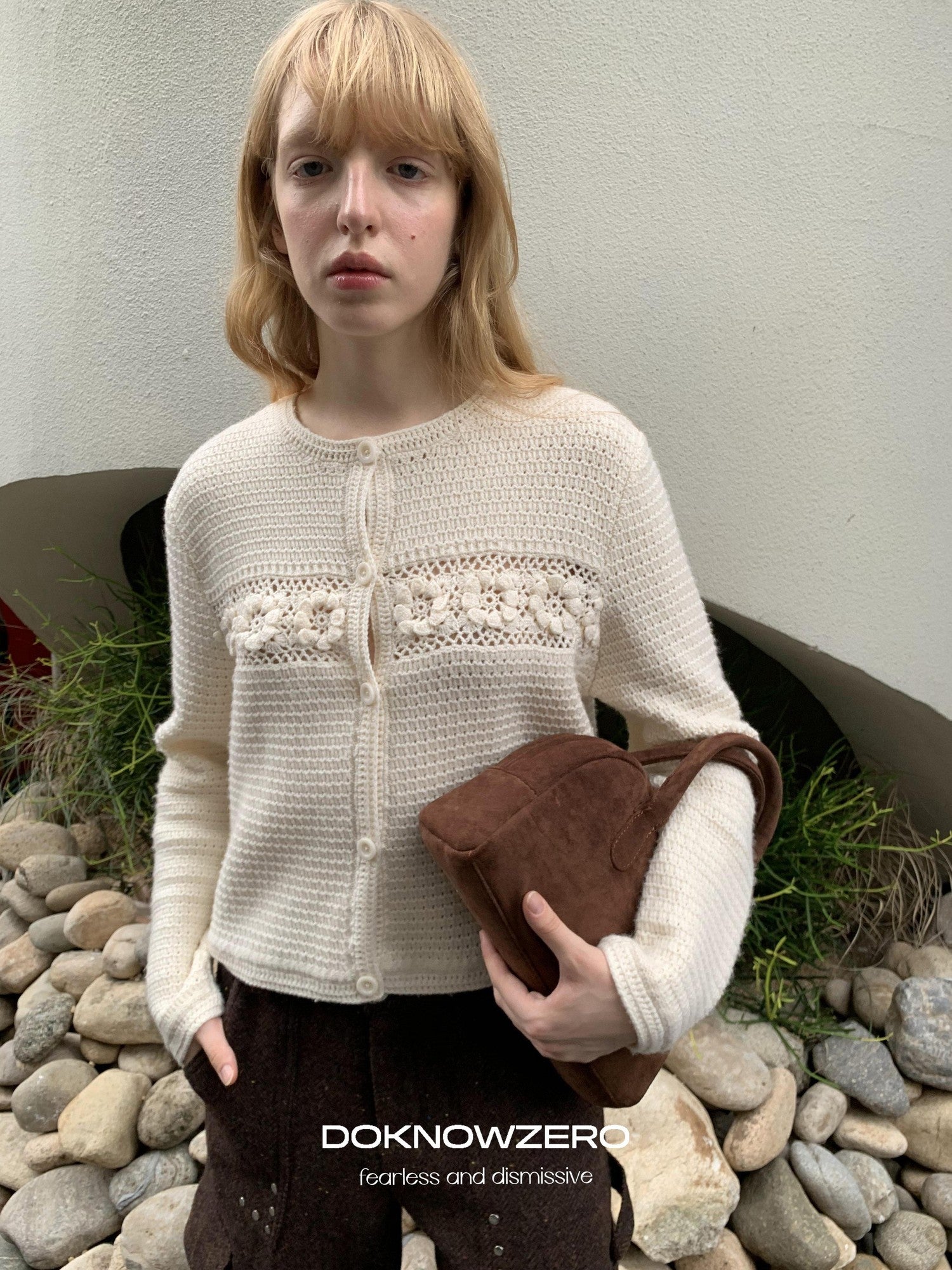 DKZ OFFICIAL Apricot 3D Crochet Floral Hollow Oversized Knit Women&
