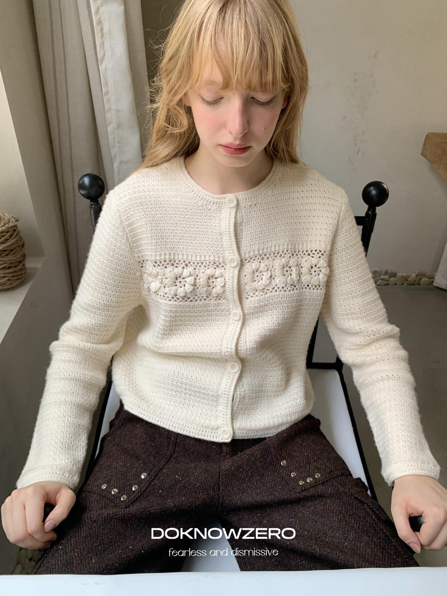 DKZ OFFICIAL Apricot 3D Crochet Floral Hollow Oversized Knit Women&