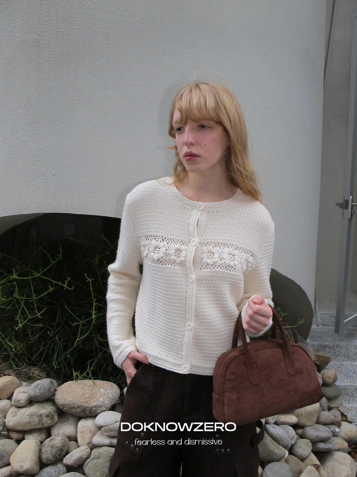 DKZ OFFICIAL Apricot 3D Crochet Floral Hollow Oversized Knit Women&