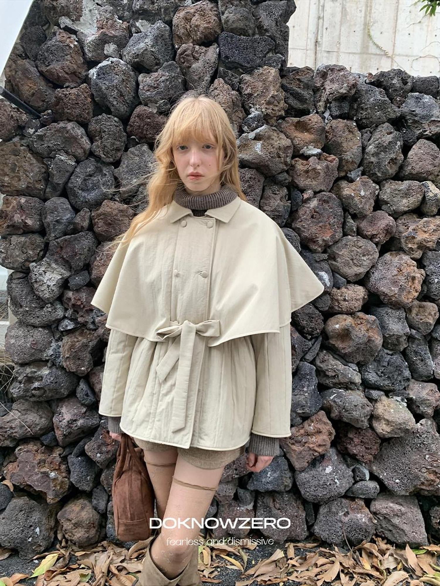 DKZ OFFICIAL Apricot Cape Style Double Breasted Belted Women&
