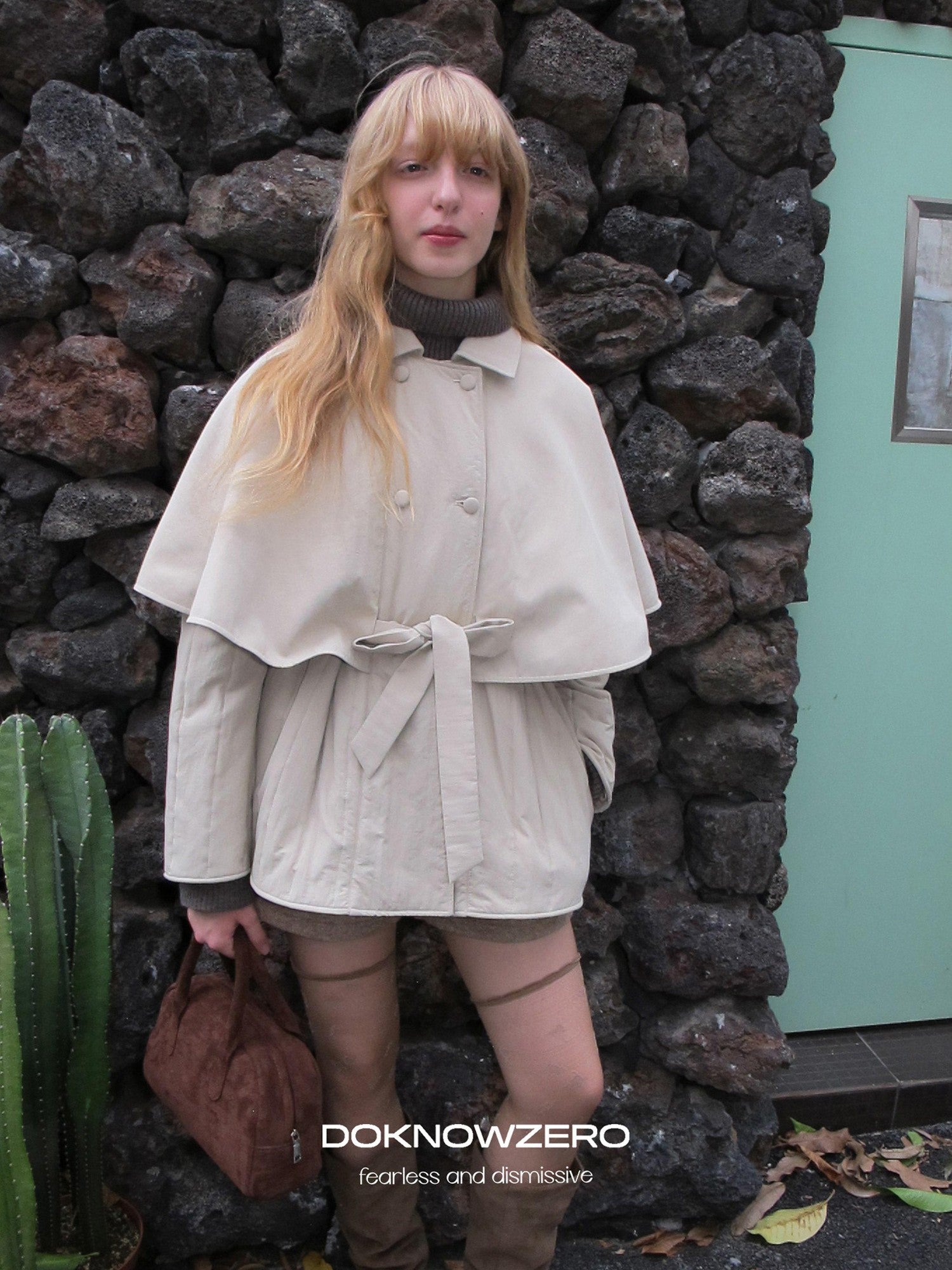 DKZ OFFICIAL Apricot Cape Style Double Breasted Belted Women&
