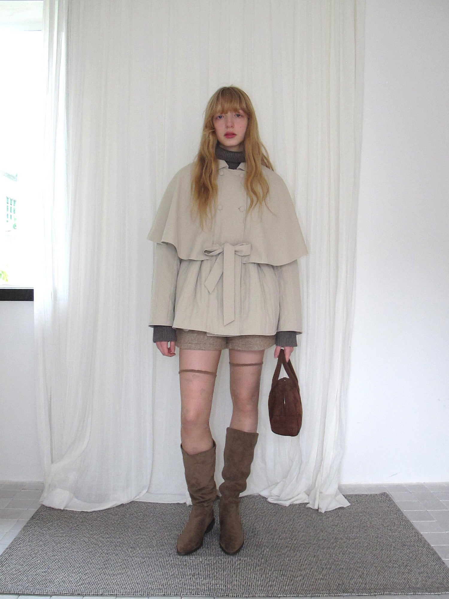 DKZ OFFICIAL Apricot Cape Style Double Breasted Belted Women&