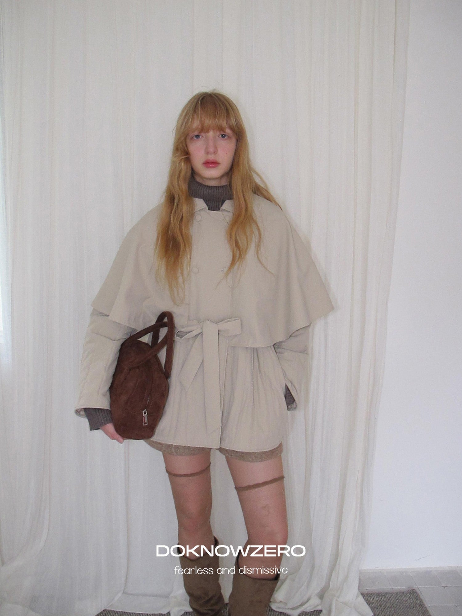 DKZ OFFICIAL Apricot Cape Style Double Breasted Belted Women&
