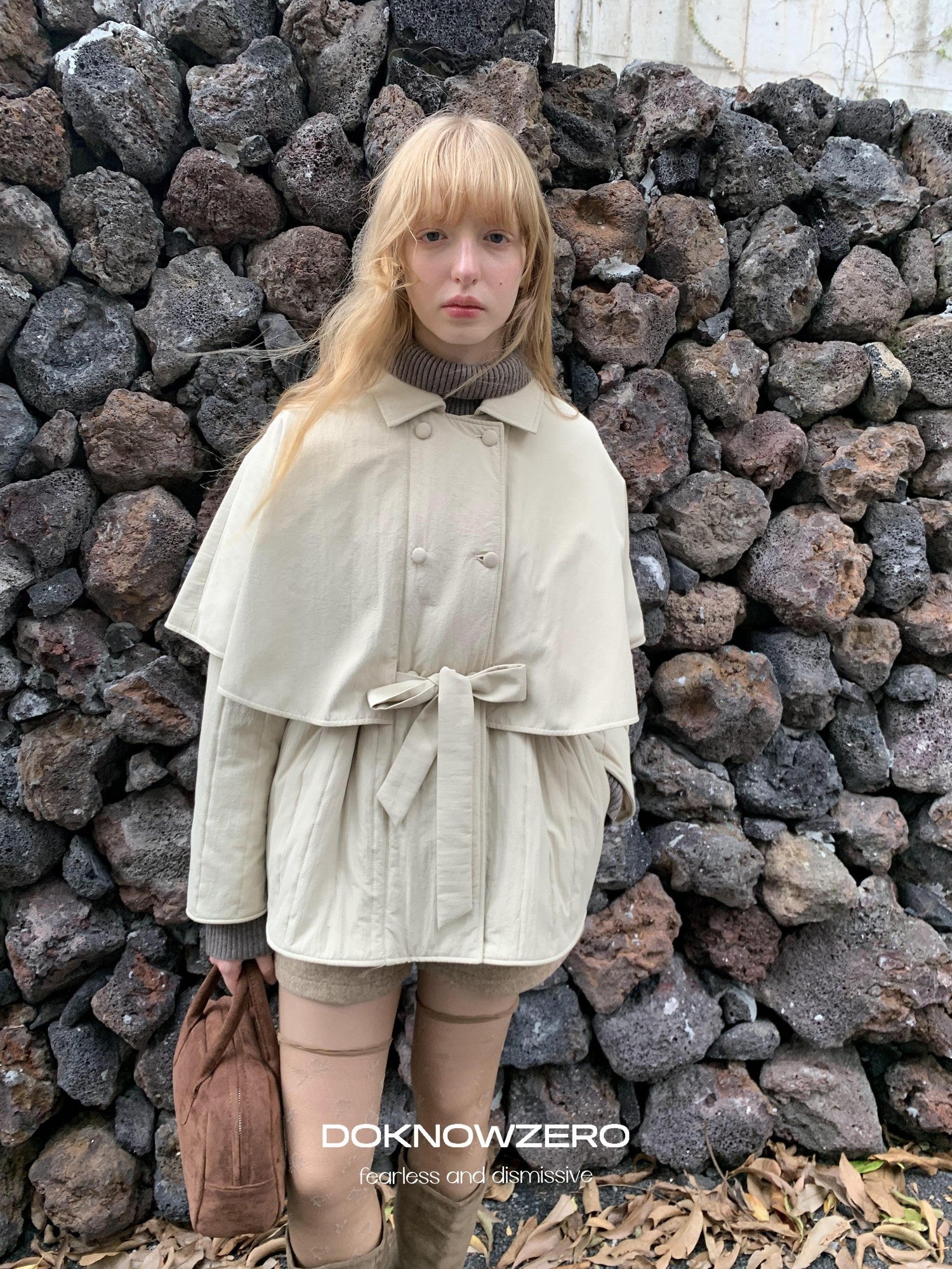 DKZ OFFICIAL Apricot Cape Style Double Breasted Belted Women&