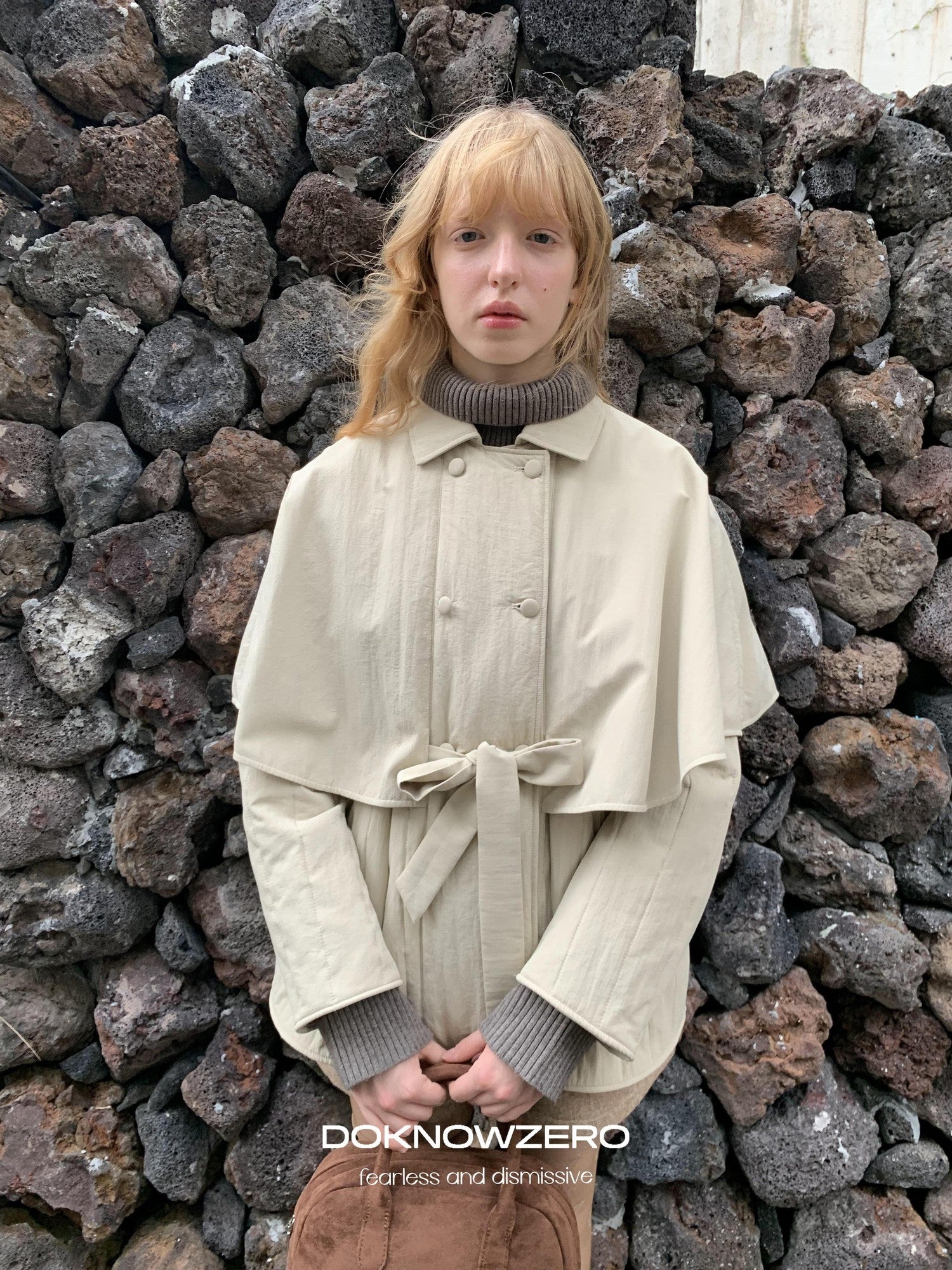 DKZ OFFICIAL Apricot Cape Style Double Breasted Belted Women&